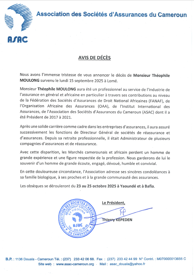 AVIS DE DÉCÈS DE MONSIEUR THÉOPHILE MOULONG
